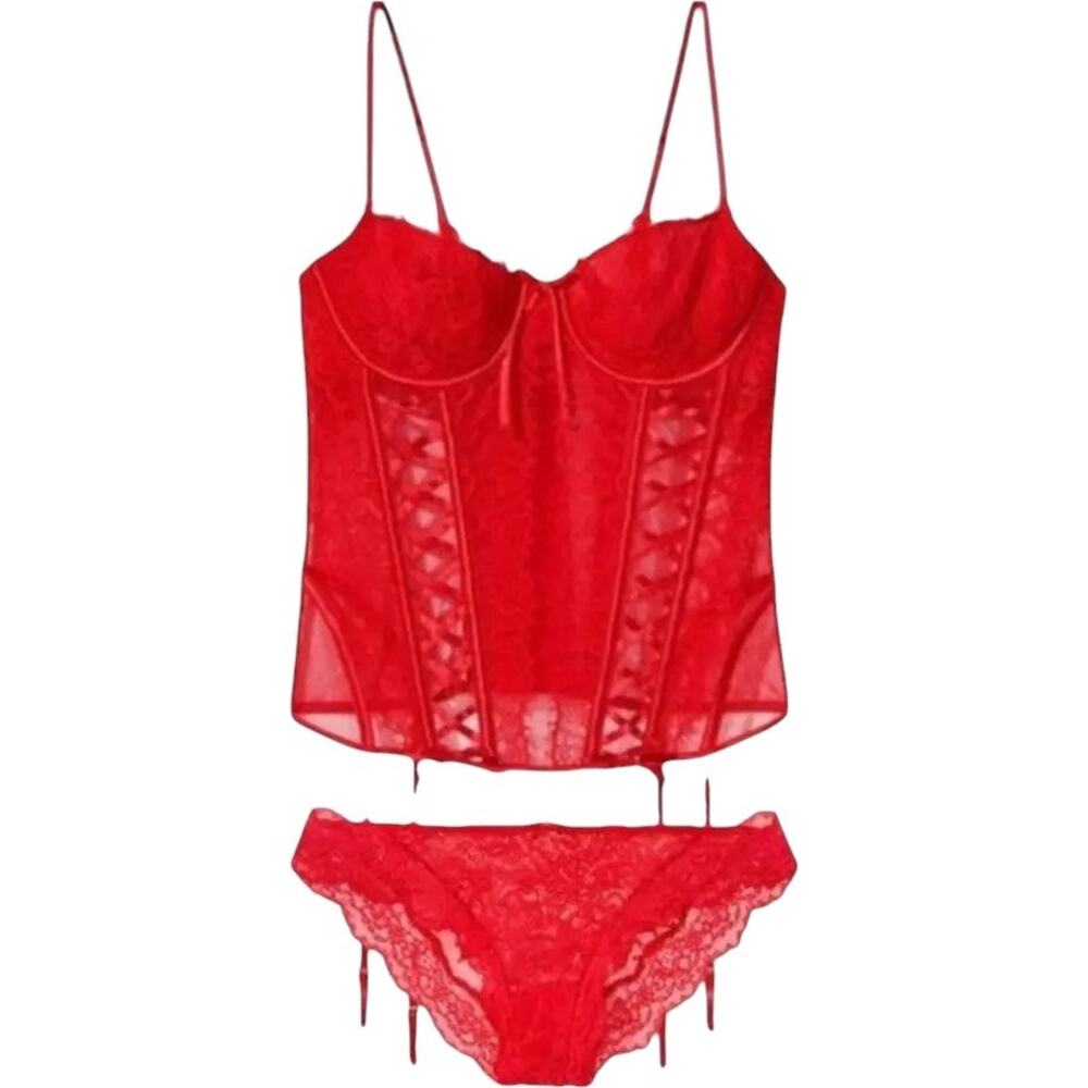 VICTORIA'S SECRET Red Lace Corset + Pant Set, Medium